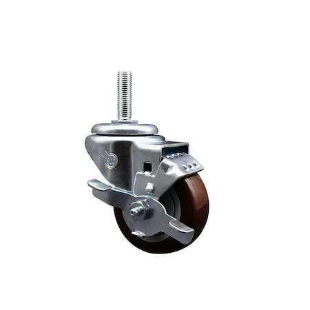 Service Caster 3 Inch Maroon Polyurethane Wheel Swivel 58 Inch Threaded Stem Caster with Brake SCC SCC-TS20S314-PPUB-MRN-TLB-58212